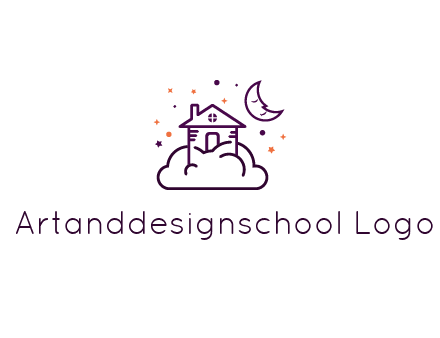 house on cloud with moon and stars logo