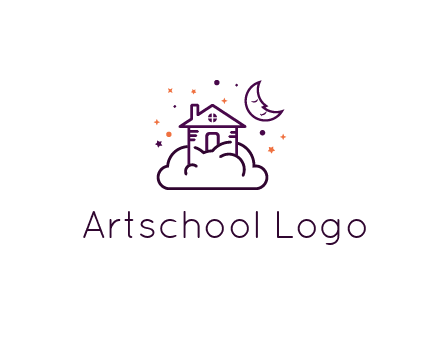 house on cloud with moon and stars logo