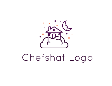 house on cloud with moon and stars logo