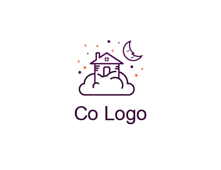 house on cloud with moon and stars logo