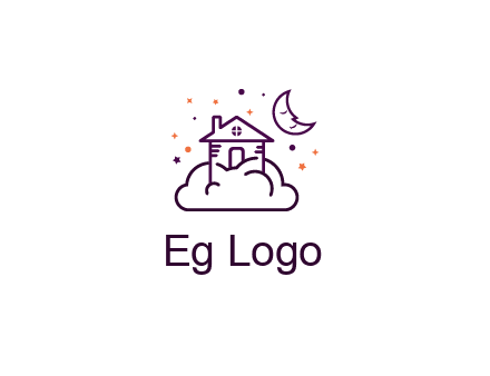 house on cloud with moon and stars logo
