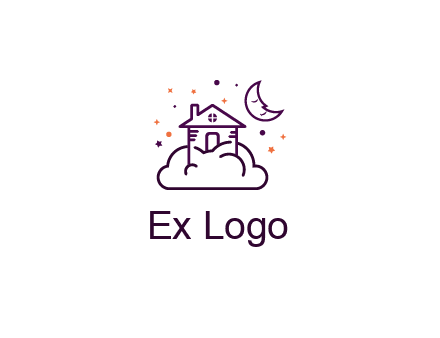 house on cloud with moon and stars logo