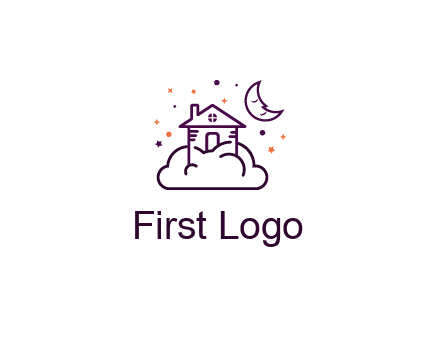 house on cloud with moon and stars logo