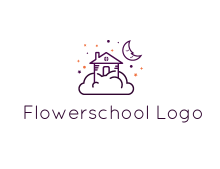 house on cloud with moon and stars logo