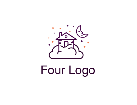 house on cloud with moon and stars logo