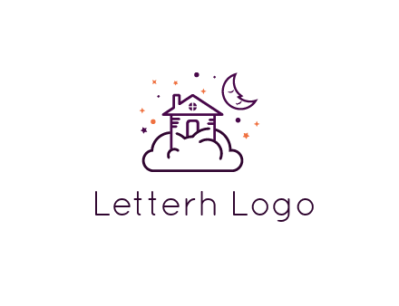 house on cloud with moon and stars logo