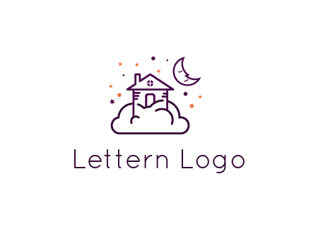 house on cloud with moon and stars logo