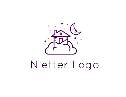 house on cloud with moon and stars logo