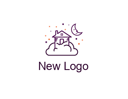 house on cloud with moon and stars logo