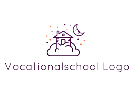 house on cloud with moon and stars logo