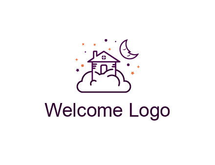 house on cloud with moon and stars logo