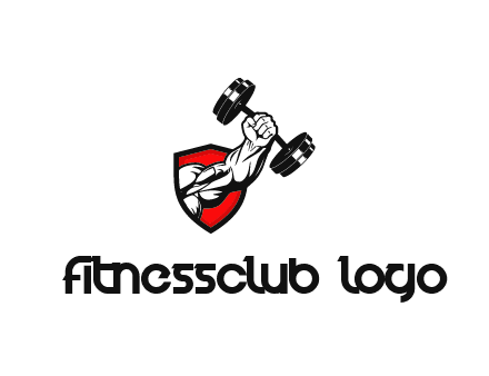 arm and dumbbell in front of shield illustration