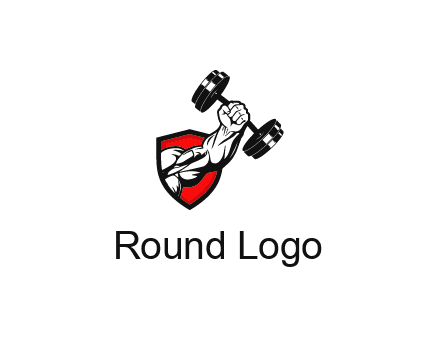 arm and dumbbell in front of shield illustration