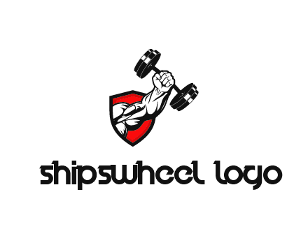 arm and dumbbell in front of shield illustration