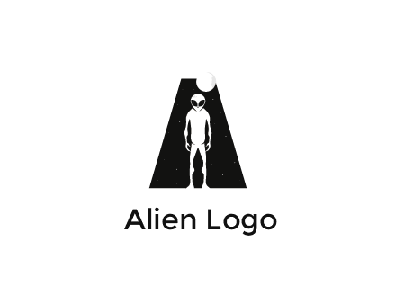 alien with moon and stars illustration