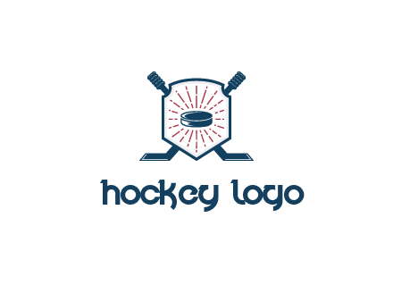 puck in centre of shield with hockey sticks logo