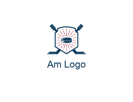 puck in centre of shield with hockey sticks logo