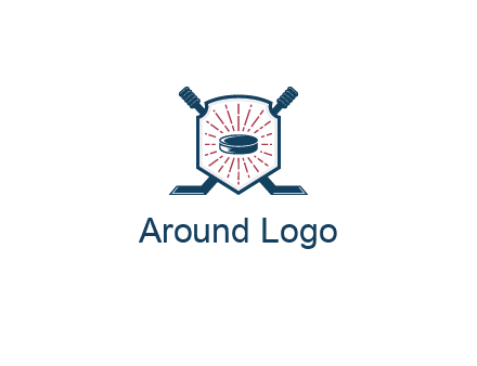 puck in centre of shield with hockey sticks logo