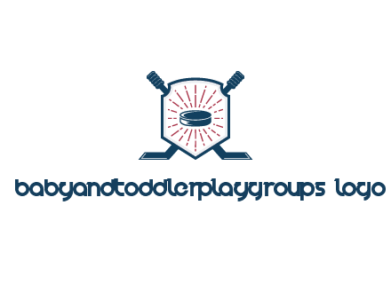 puck in centre of shield with hockey sticks logo