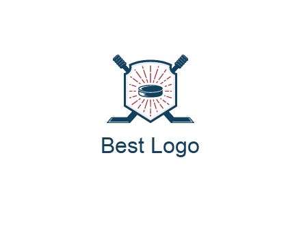puck in centre of shield with hockey sticks logo