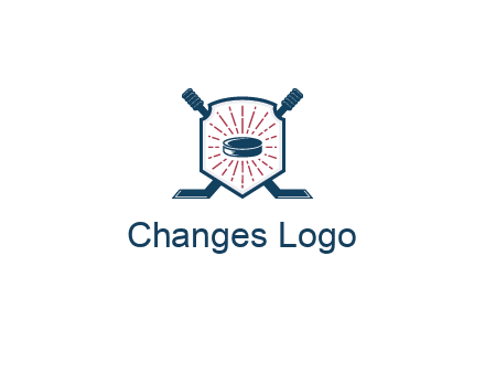 puck in centre of shield with hockey sticks logo