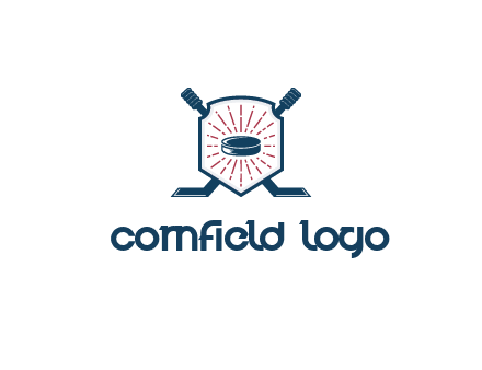 puck in centre of shield with hockey sticks logo