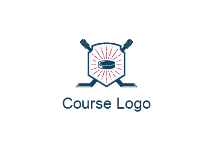 puck in centre of shield with hockey sticks logo