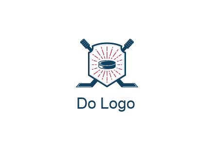 puck in centre of shield with hockey sticks logo