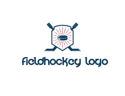 puck in centre of shield with hockey sticks logo
