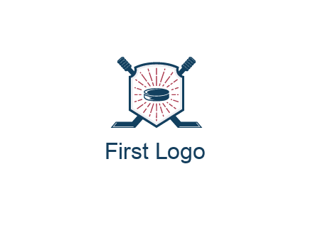puck in centre of shield with hockey sticks logo