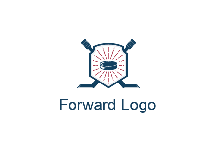puck in centre of shield with hockey sticks logo