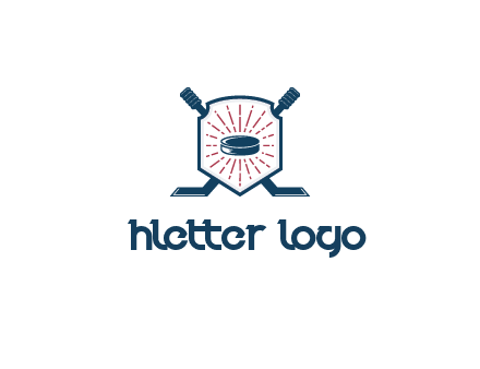 puck in centre of shield with hockey sticks logo
