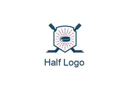 puck in centre of shield with hockey sticks logo