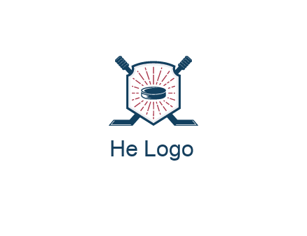 puck in centre of shield with hockey sticks logo