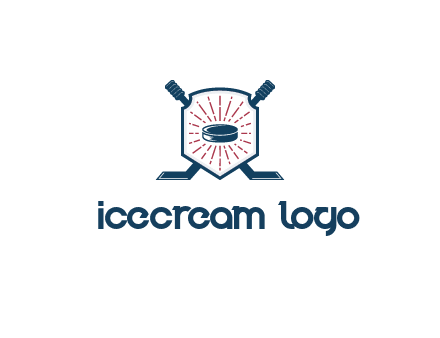puck in centre of shield with hockey sticks logo