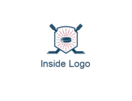puck in centre of shield with hockey sticks logo