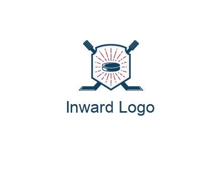 puck in centre of shield with hockey sticks logo