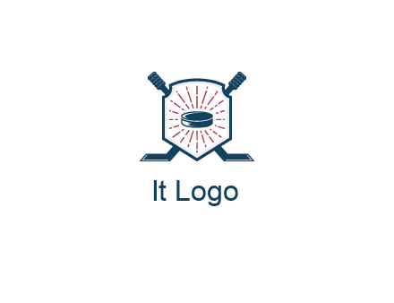 puck in centre of shield with hockey sticks logo