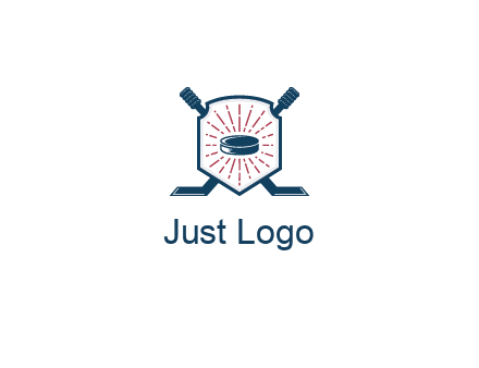 puck in centre of shield with hockey sticks logo