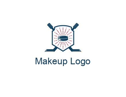 puck in centre of shield with hockey sticks logo