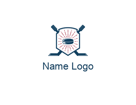 puck in centre of shield with hockey sticks logo