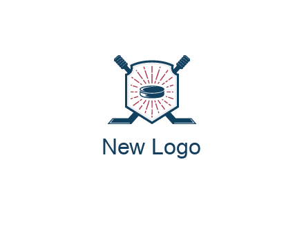 puck in centre of shield with hockey sticks logo