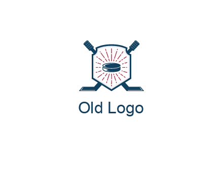 puck in centre of shield with hockey sticks logo