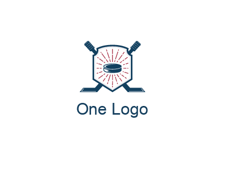 puck in centre of shield with hockey sticks logo
