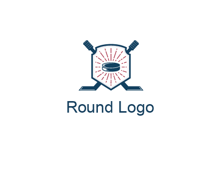 puck in centre of shield with hockey sticks logo