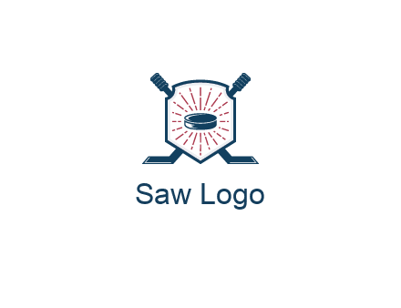 puck in centre of shield with hockey sticks logo