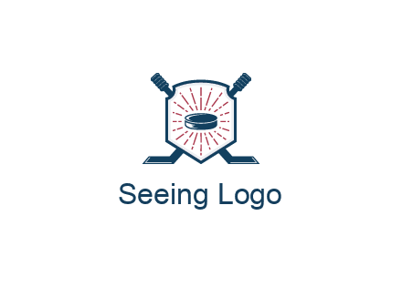 puck in centre of shield with hockey sticks logo