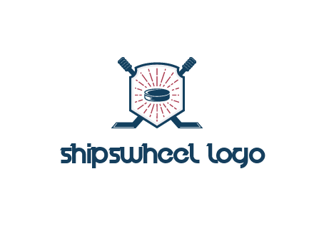 puck in centre of shield with hockey sticks logo