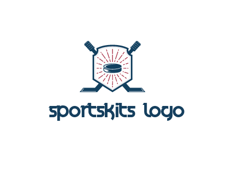 puck in centre of shield with hockey sticks logo