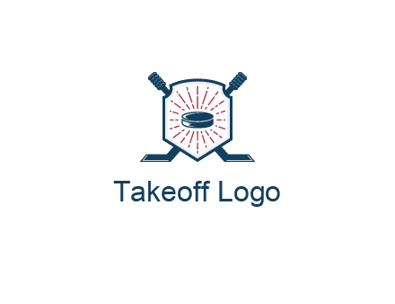 puck in centre of shield with hockey sticks logo